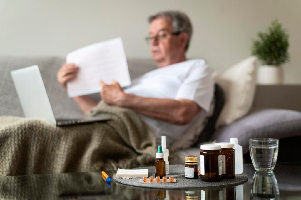 medium shot blurry ill man couch